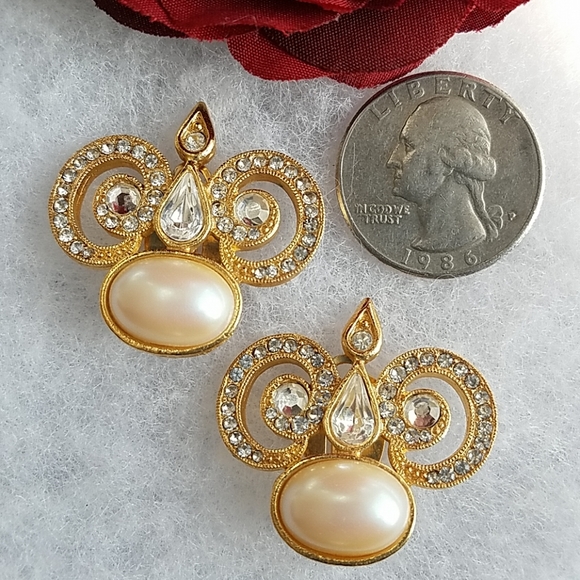 EARRINGS VTG PEARL & CRYSTAL - Picture 6 of 6